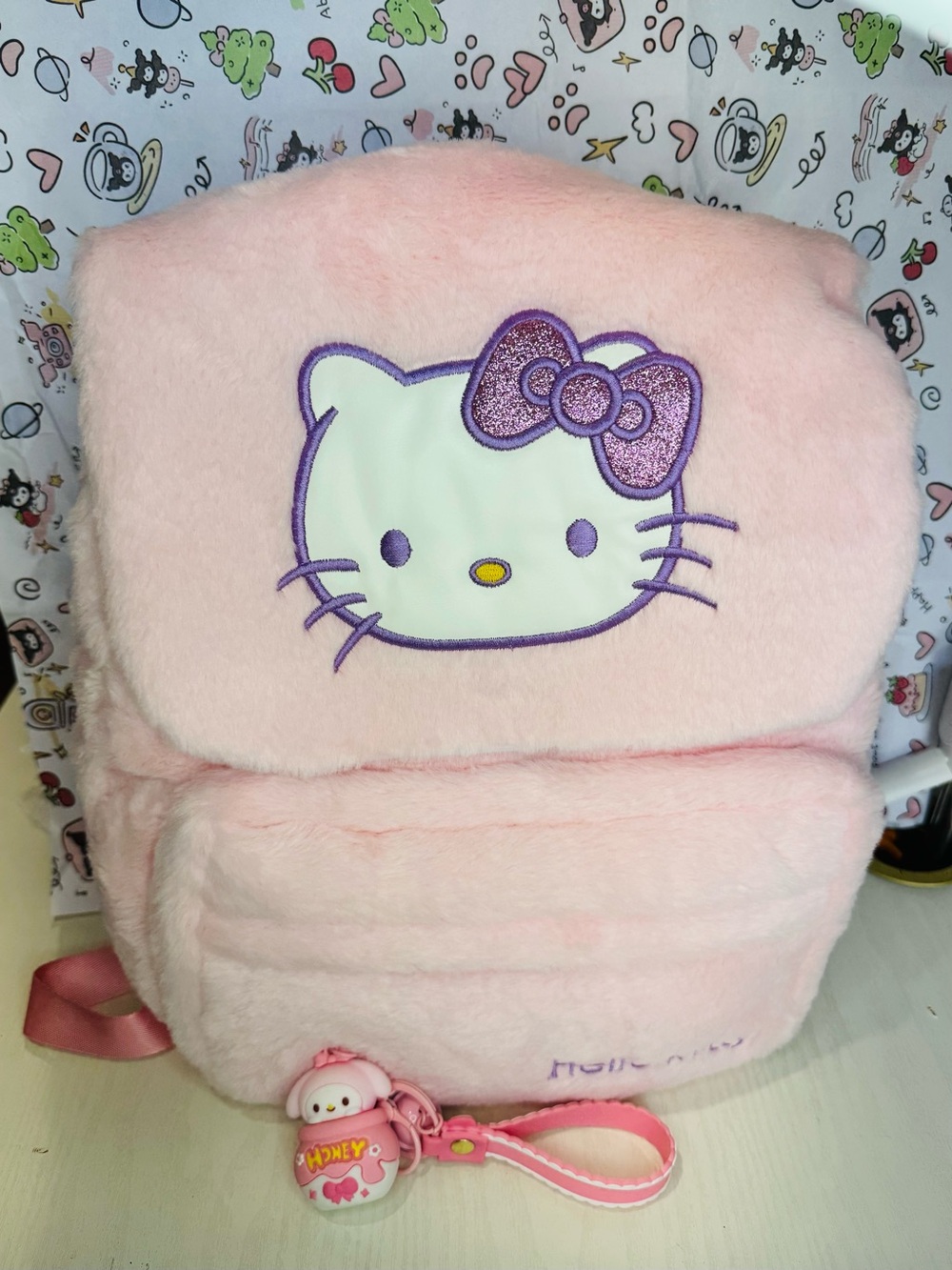 Hello Kitty Pink Plush Backpack Purple Bow and My Melody Key Chain or Charm